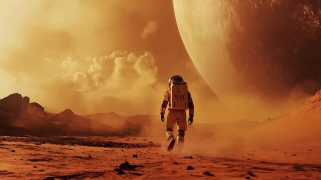 A man in a spacesuit is flying through space. The scene is set in a desert-like environment with a large planet in the background. smooth repeating motion for background video animation