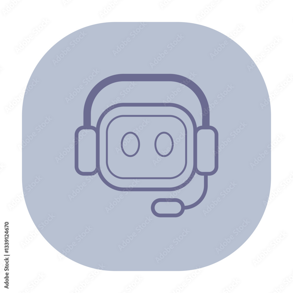 Poster robot line icon with headset and microphone, emphasizing its role in communication or assistance