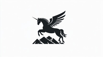 Winged unicorn soaring mountains; fantasy logo design
