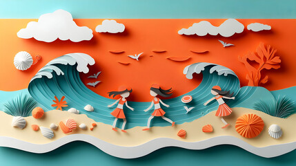 Papercut beach scene, kids play, orange background