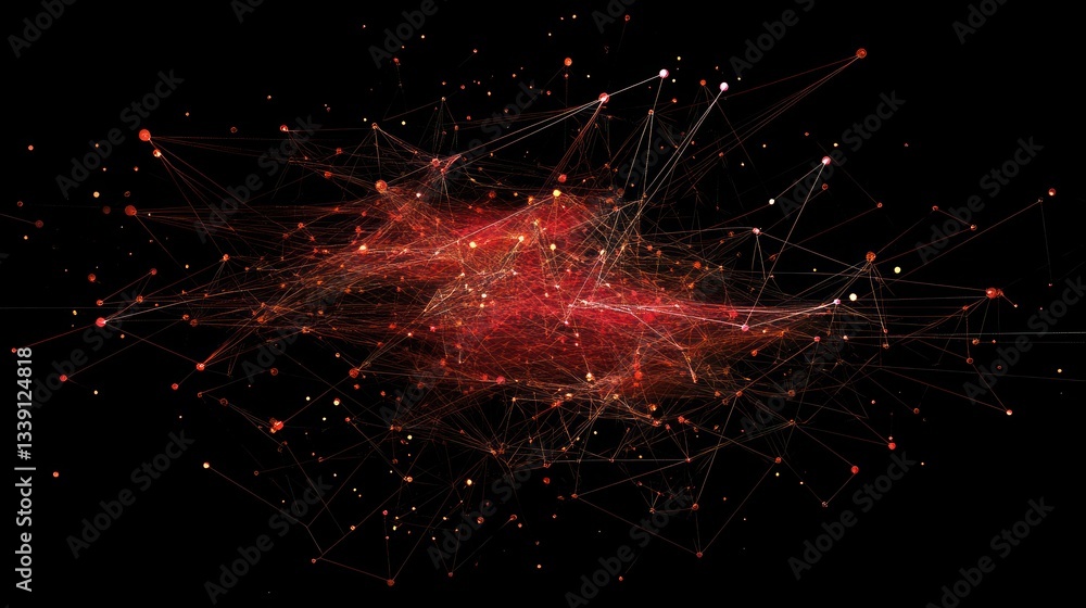 Leinwandbilder Abstract red glowing plexus network on black background.