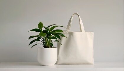 A white canvas tote bag and a green plant sit on a shelf.