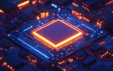 Illuminated Computer Motherboard with Central Processing Unit (CPU) and Electronic Components, Orange and Blue Lights
