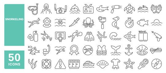 Set of 50 line icons related to snorkeling, scuba, diving, diver, underwater, camera, oxygen cylinder, goggles, wetsuit, fins, snorkel, Editable stroke. Vector illustration