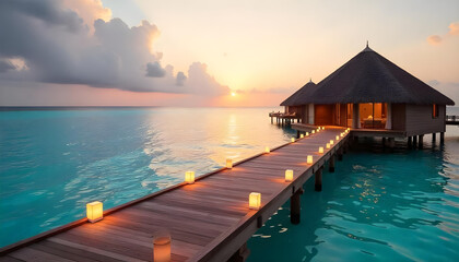 Obraz premium A luxurious overwater bungalow resort in the Maldives, with wooden walkways extending over the calm ocean under a bright blue sky