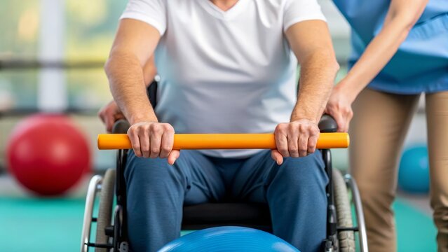A person in a wheelchair participates in a physical therapy session, utilizing a balance ball with assistance from a therapist in a gym environment.