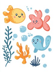 Playful Cartoon Fish and Underwater Plants Illustration