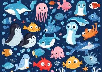 Playful Pixel Art Marine Animals Underwater Scene