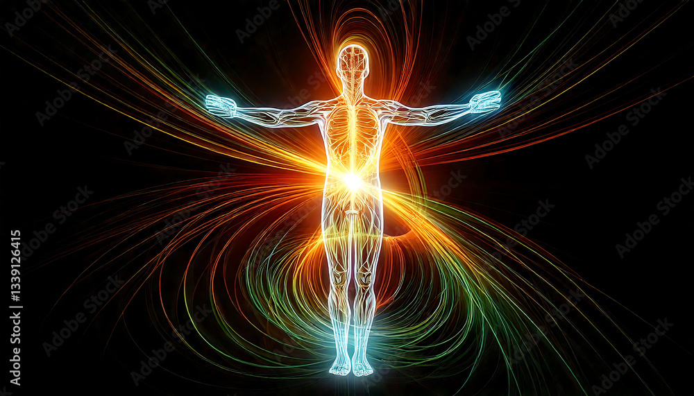 Poster mesmerizing abstract image of a human figure enveloped in vibrant energy streams. perfect for concep
