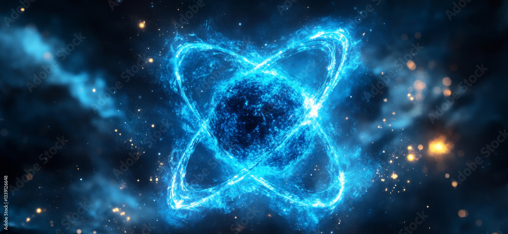 Poster Visual representation of quantum computing concepts, highlighting qubit behavior and superposition dynamics within a vibrant cosmic backdrop.