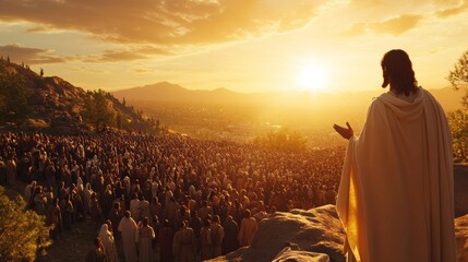 A stunningly realistic image of Jesus Christ on the right hand of the image, standing on a hill, speaking to a large crowd, wearing a flowing robe, golden sunlight filtering through the sky