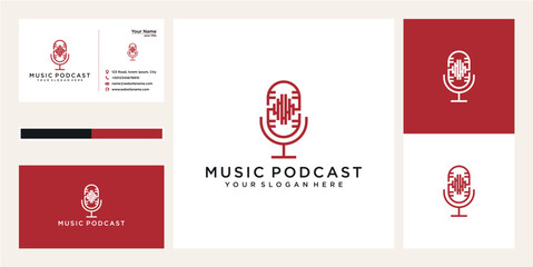 Pixel Art Microphone Music Podcast Logo Design Red White Business Card Branding
