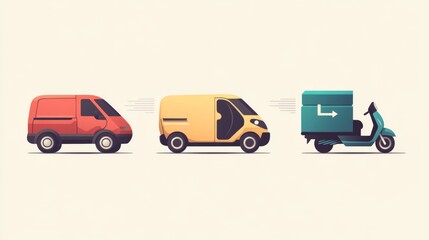 Fototapeta premium Urban delivery concepts: red van, yellow minivan, and green scooter in motion