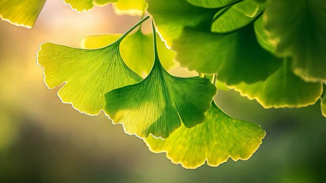 spring season backlight green gingko leaves with gentle sunlight, peaceful background