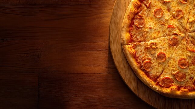 Delicious pizza with mozzarella and paperoni on wooden table background with copy space for template concept. 3D render