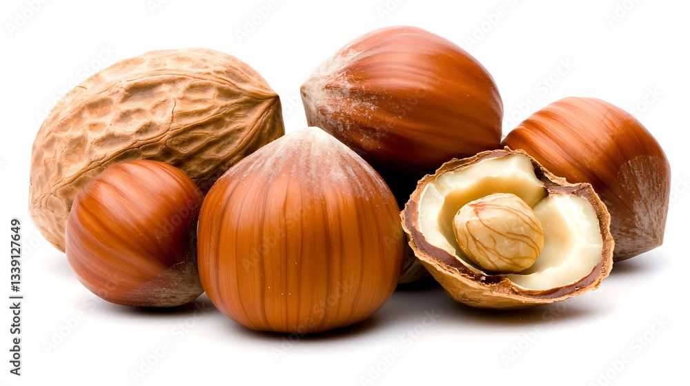 Aufkleber collection of fresh hazelnuts in their shells isolated on a white background for culinary use and de