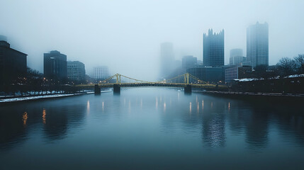 Fototapeta premium Misty River Bridge Cityscape