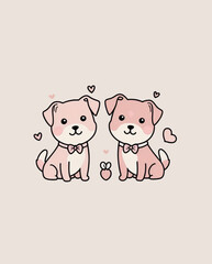 Obraz premium Adorable pink cartoon puppies with bow ties surrounded by hearts in a joyful illustration