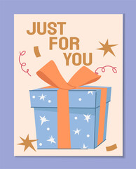 A flat vector illustration of a blue gift box with an orange ribbon, decorated with stars and confetti, with the text Just for You on a beige background. Celebration concept