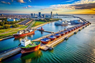 Obraz premium Aerial View: Modern Sea Harbor Oil Tanker Transhipment, Europe Import/Export