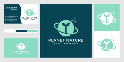 Pixel Art Planet Nature Logo Design with Business Card Mockup