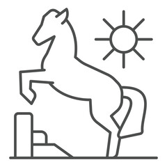 Mustang ridge horse thin line icon, west desert concept. Vector graphics. Sun, shiny weather and horse animal sign on white background, outline style icon for mobile or web design.