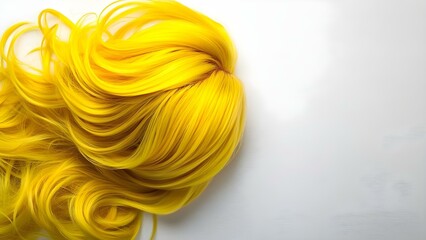 A vibrant yellow wig with long, flowing hair laid against a white background. Concept Vibrant Yellow Wig, Long Flowing Hair, Bold Fashion Statement, Stylish Accessories, Eye-Catching Photography