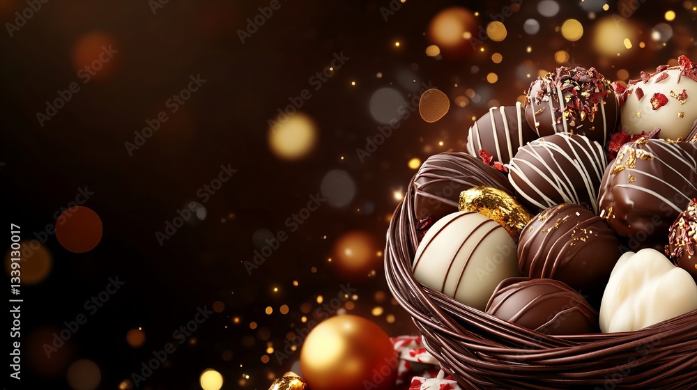 Poster Chocolate truffles are arranged in a brown woven basket against a blurred background with bokeh lights and festive wrappings, creating a luxurious and