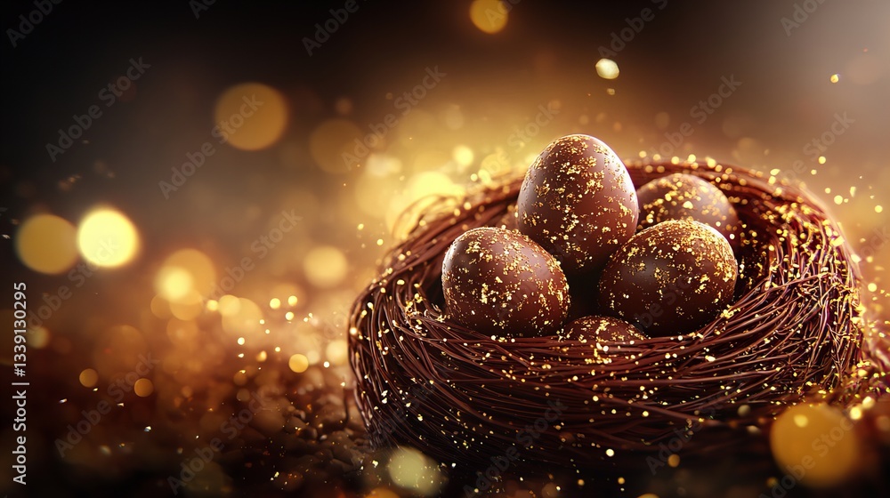 Aufkleber chocolate eggs rest inside a woven nest adorned with tiny golden specks against a soft bokeh backgro