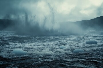Dramatic Seascape with Churning Waves and Misty Atmosphere