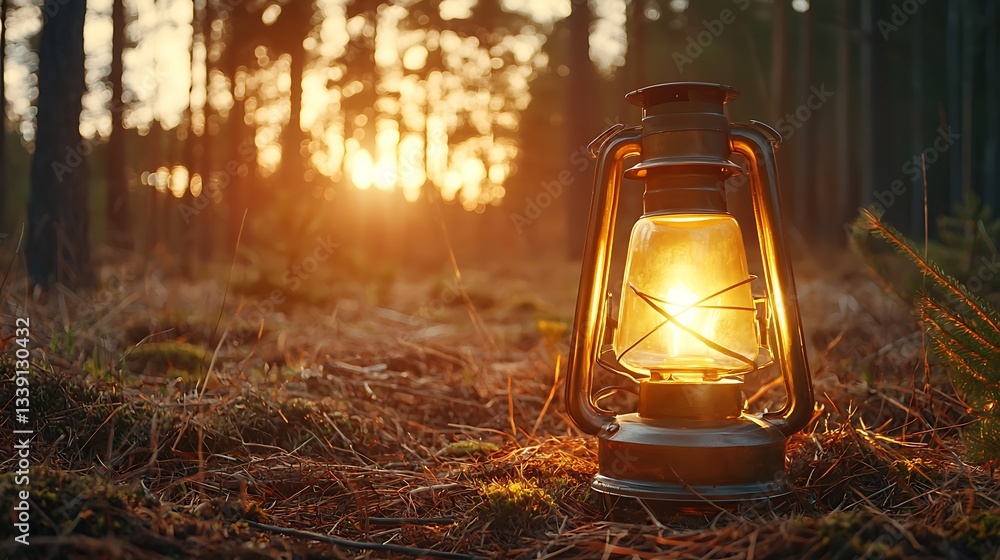 Poster glowing lantern illuminating forest floor at sunset with soft light and tall trees in background