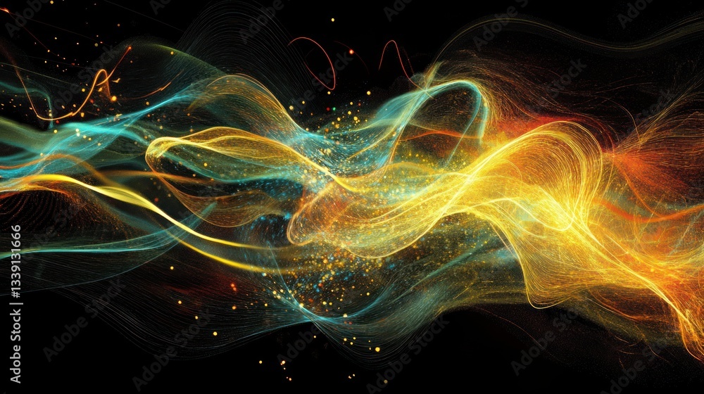 Aufkleber abstract swirling energy flow with vibrant colors and glowing particles on black background.