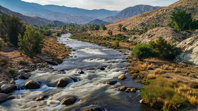River rapids flow through rugged terrain of the Kern River in California during daylight, Aerial shot of river rapids on the Kern River in the Southern Sierra Nevada Mountains in California