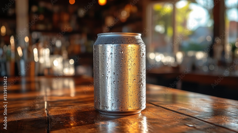 Poster a chilled beverage can sits on a rustic wooden table inside a cozy bar, illuminated by warm late aft
