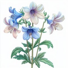 Delicate Blue and White Flowers with Green Leaves on a Light Background