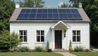 Solar-powered home suburban area architecture residential front view sustainable living