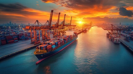 Obraz premium An industrial port with towering cranes and containers, a cargo ship speeding away 