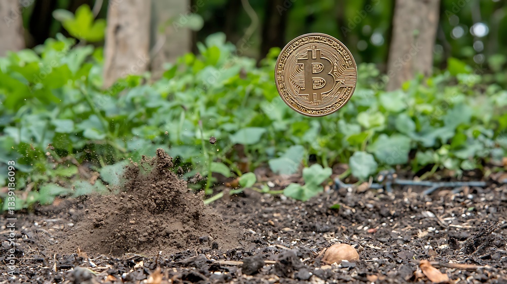 Poster bitcoin coin hovering above soil with greenery background in conceptual nature and finance imagery