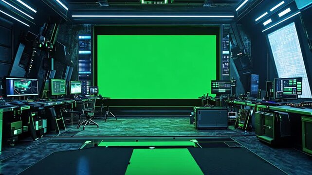 Futuristic Control Room with Green Screen Display for Visual Effects Compositing