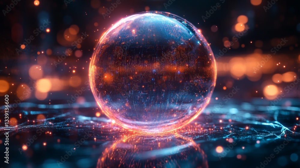 Poster A vibrant visualization illustrates quantum mechanics concepts. A glowing orb represents a qubit in a state of superposition, surrounded by interconnected particles.