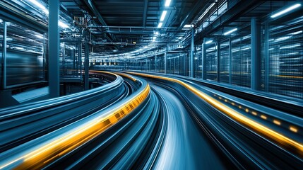 An abstract depiction of a high-speed conveyor belt in a modern factory 