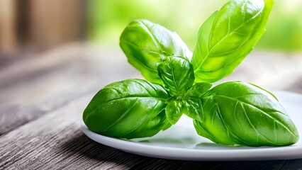 Obraz premium Fresh green basil leaves arranged on a white plate against a blurred green background. Concept Fresh Basil Leaves, Culinary Herbs, Nature Photography, Green Food Aesthetics, Food Presentation