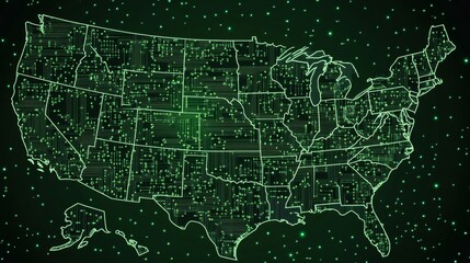 Obraz premium Digital network map of the united states with green circuit design overlay