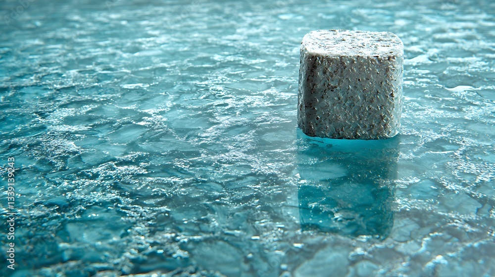 Poster ice cube on a textured surface with sparkling reflections and glistening droplets in cool tones