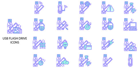 USB flash Drive simple concept 24 color icons set. Contains such flash drive, storage, computer, portable .Vector illustration.