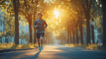 Obraz premium A young man runs in a city park, wearing sportswear and running shoes.