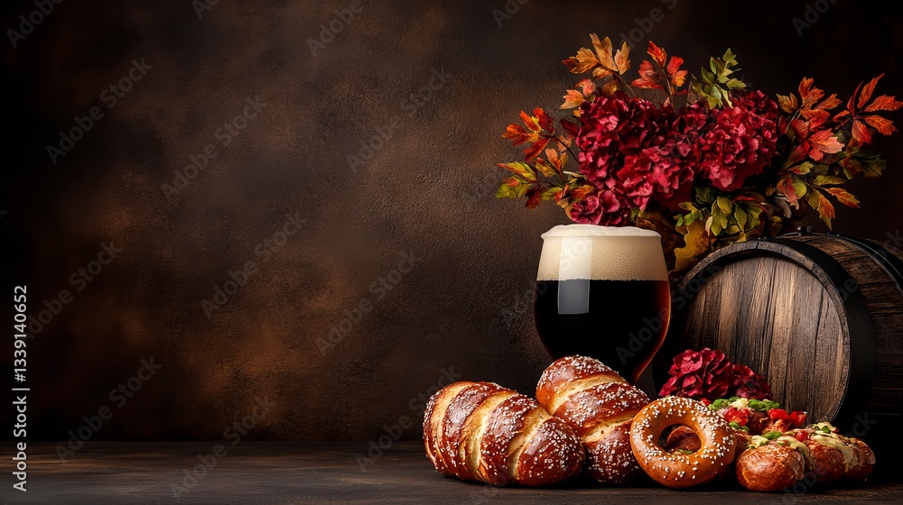 Poster dark beer is showcased with pretzels and a barrel on a rustic table against a brown backdrop, creati