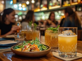 A trendy cafe scene with Carajillo cocktails being served to guests, after-dinner coffee cocktail