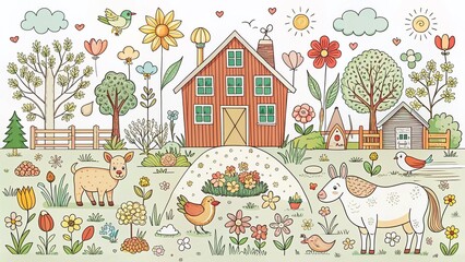 Adorable Farm Animals: Hand-Drawn Line Art Cute Countryside Scene Stock Photo