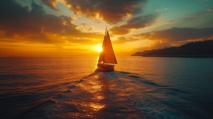 Sailboat sailing on ocean at sunset.